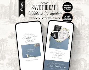 Modello di sito web Save The Date color blu polvere con timer per il conto alla rovescia, modificabile, sito Canva Old Money, invito digitale per matrimonio floreale