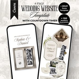 May include: A 6-page wedding website template for Canva featuring a countdown timer and 100 wedding illustrations. The digital display shows a wedding invitation for Sophia and Daniel with photo strips, a swan graphic, and event details.