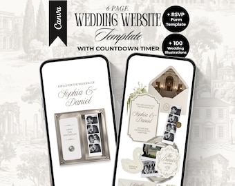 Op de afbeelding: Een 6-pagina trouwwebsite-sjabloon voor Canva met een afteltimer en 100 trouwillustraties. Het digitale display toont een trouwuitnodiging voor Sophia en Daniel met fotostrips, een zwaangrafiek en details over het evenement.