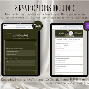 Może przedstawiać: Dwie cyfrowe opcje RSVP są wyświetlane na tabletach. Jedna to osadzony formularz Canva, a druga to szablon Google Forms. Tekst brzmi "2 OPCJE RSVP W ZESTAWIE" i "Sophia & Daniel A Day To Remember".