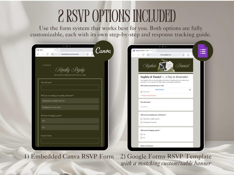 Może przedstawiać: Dwie cyfrowe opcje RSVP są wyświetlane na tabletach. Jedna to osadzony formularz Canva, a druga to szablon Google Forms. Tekst brzmi "2 OPCJE RSVP W ZESTAWIE" i "Sophia & Daniel A Day To Remember".