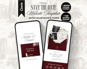 May include: Two smartphones displaying a 3-page Save the Date website template. The screens feature a deep burgundy envelope graphic, elegant serif typography, and text including Sophia & Daniel, Save our Date, and a countdown timer.