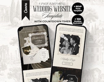 Trouwwebsitesjabloon in klassieke stijl met RSVP- en afteltimer. Bewerkbare digitale uitnodiging, direct te downloaden.