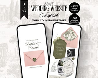 Op de afbeelding: Een digitale 5-pagina trouwwebsite-sjabloon voor Canva met een afteltimer, RSVP-formulier en 100 illustraties. Het scherm toont een roze envelop met een waszegel, de namen Sophia & Daniel en diverse afbeeldingen in trouwthema.