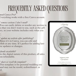 Może przedstawiać: Cyfrowy tablet wyświetla szablon rejestru ślubnego ze słowem "Pegistry" na g&oacute;rze. Tablet znajduje się na stole z tekstem "FREQUENTLY ASKED QUESTIONS" powyżej. Poniżej wymieniono pytania i odpowiedzi.