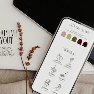 Op de afbeelding: Een smartphone met een trouwplanning en dresscode in een kleurenpalet van beige, salie, olijf, bordeaux en donkerrood. Het scherm toont iconen voor de ceremonie, cocktailuur, receptie, diner en het aansnijden van de taart met tekstlabels.