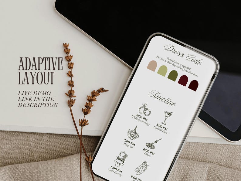 Op de afbeelding: Een smartphone met een trouwplanning en dresscode in een kleurenpalet van beige, salie, olijf, bordeaux en donkerrood. Het scherm toont iconen voor de ceremonie, cocktailuur, receptie, diner en het aansnijden van de taart met tekstlabels.