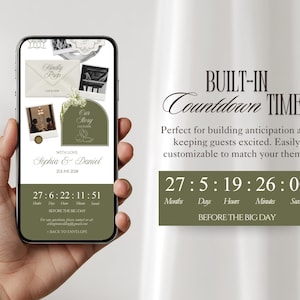 Może przedstawiać: Ekran smartfona wyświetla odliczanie do ślubu z napisem "Built-in Countdown Timer". Ekran pokazuje zdjęcia, odliczanie i imiona Sophia & Daniel. Odliczanie pokazuje 27 miesięcy, 5 dni, 19 godzin, 26 minut i 0 sekund.
