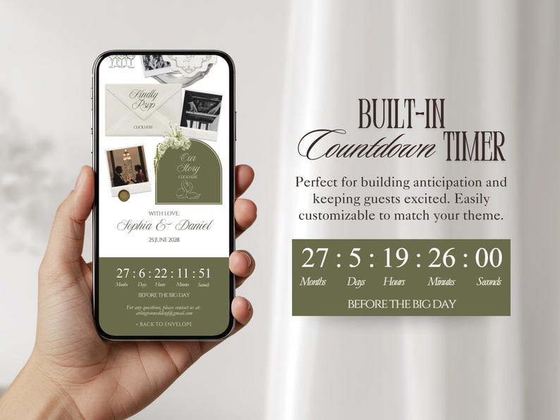 Może przedstawiać: Ekran smartfona wyświetla odliczanie do ślubu z napisem "Built-in Countdown Timer". Ekran pokazuje zdjęcia, odliczanie i imiona Sophia & Daniel. Odliczanie pokazuje 27 miesięcy, 5 dni, 19 godzin, 26 minut i 0 sekund.