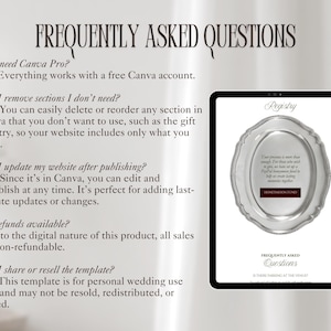 Op de afbeelding: Een digitale sjabloon-infographic met de titel FREQUENTLY ASKED QUESTIONS. Het bevat vijf vragen en antwoorden over Canva-gebruik, bewerken, updates, terugbetalingen en gebruiksrechten. Een tablet toont een registerpagina met een zilveren lijst.