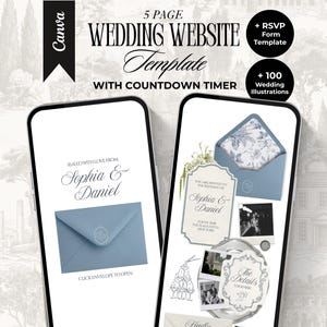 Puede incluir: Dos smartphones que muestran una plantilla de sitio web de bodas. La plantilla incluye un temporizador de cuenta regresiva, un formulario RSVP y 100 ilustraciones de boda. Un teléfono muestra un sobre azul con los nombres "Sophia & Daniel". El otro muestra detalles de la boda.