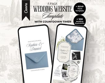 Dusty Blue Wedding Website Template with RSVP and Countdown Timer Elegant Editable Old Money Canva Site Digital Invitation Classic Wedding