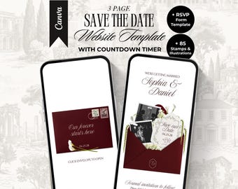 Burgundy and Ivory Save The Date Website Template with Countdown Timer Editable Old Money Canva Site Digital Invitation Floral Wedding