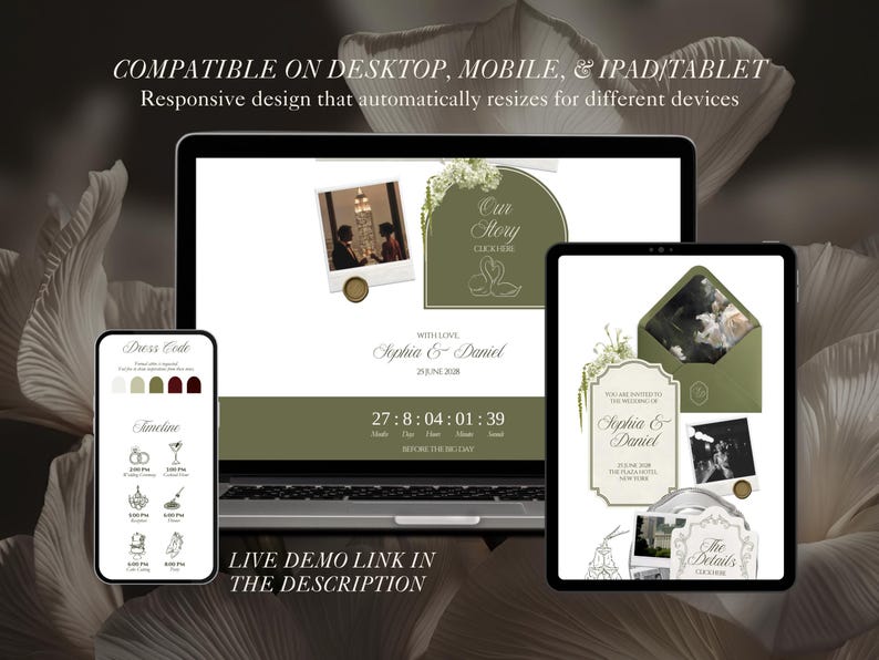 Może przedstawiać: Projekt strony internetowej ślubnej wyświetlany na laptopie, tablecie i smartfonie. Projekt ma zielono-białą kolorystykę z tekstem "Our Story" i "Sophia & Daniel". Widoczny jest r&oacute;wnież tekst "Compatible on Desktop, Mobile, & iPad/Tablet".