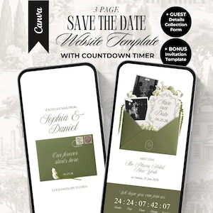 May include: A 3-page Save the Date website template for mobile devices featuring a countdown timer, guest details collection form, and bonus invitation template. The design displays an olive green envelope, floral accents, and text.