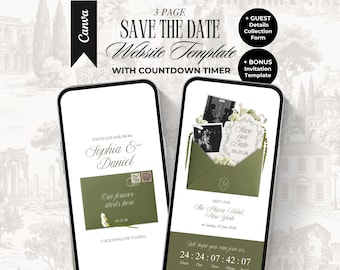 May include: A 3-page Save the Date website template for mobile devices featuring a countdown timer, guest details collection form, and bonus invitation template. The design displays an olive green envelope, floral accents, and text.