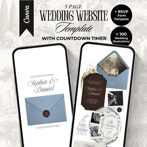 May include: A 5-page wedding website template for Canva featuring a countdown timer, RSVP form, and 100 illustrations. The mobile screens display a blue envelope with a wax seal, the names Sophia & Daniel, and various event details.