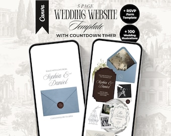 Op de afbeelding: Een 5-pagina trouwwebsite-sjabloon voor Canva met afteltimer, RSVP-formulier en 100 illustraties. De mobiele schermen tonen een blauwe envelop met een waszegel, de namen Sophia & Daniel en diverse evenementdetails.