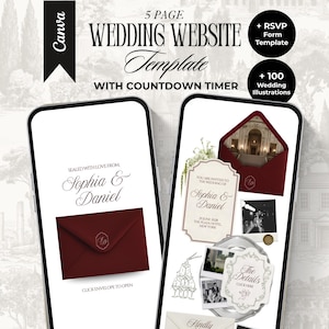 Modelo de site de casamento em tons de bordô e marfim com confirmação de presença (RSVP), elegante e editável, inspirado no estilo clássico do dinheiro antigo, para convites digitais de casamento.