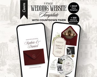 Plantilla de sitio web de boda en tonos burdeos y marfil con confirmación de asistencia. Elegante sitio web editable de estilo clásico para bodas. Invitación digital para bodas clásicas.
