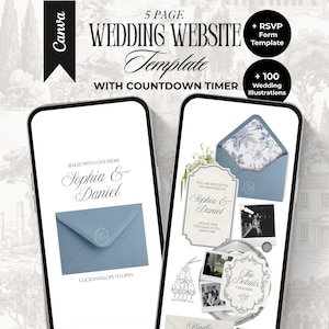 May include: A 5-page wedding website template for Canva featuring a countdown timer, RSVP form, and 100 illustrations. The mobile screens display a blue envelope, the names Sophia & Daniel, event details, and various wedding-themed graphic elements.