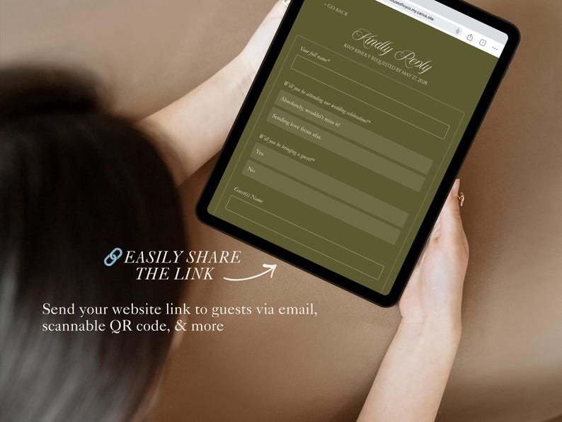 Op de afbeelding: Een digitale tablet met een olijfgroen RSVP-formulier met de tekst Kindly Reply, RSVP Kindly Requested By May 27, 2028, Your full name, Will you be attending our wedding celebration, Absolutely, wouldn't miss it, Sending love from afar, Guest(s) Name.