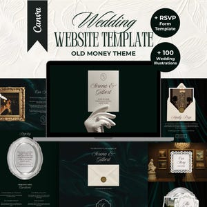 Puede incluir: Plantilla de sitio web de bodas con tema "Old Money" mostrada en una pantalla de portátil. El diseño incluye fuentes elegantes, fondos verde oscuro y detalles dorados. Incluye una plantilla de formulario RSVP e ilustraciones de boda.