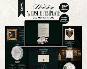Op de afbeelding: Een trouwwebsite-sjabloon met een 'Old Money'-thema, weergegeven op een laptopscherm. Het ontwerp bevat elegante lettertypen, donkergroene achtergronden en gouden accenten. Inclusief een RSVP-formsjabloon en 100 trouwillustraties.