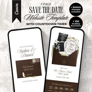 May include: Two smartphones displaying a 3-page Save the Date website template with a countdown timer. The screens feature brown envelopes, elegant typography, and text including Sophia & Daniel, Save our Date, and The Plaza Hotel, New York.