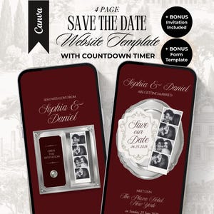May include: A digital 4-page save the date website template for Canva featuring a deep red background with white text. The design includes a countdown timer, photo booth strips, and elegant script typography for the names Sophia and Daniel.