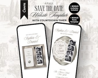 Plantilla web para guardar la fecha de la boda con fotomatón color marfil y temporizador de cuenta regresiva (editable en Canva) Invitación digital elegante para bodas