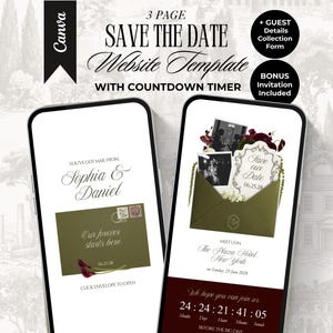 Olive Green and Burgundy Save The Date Website Template with Countdown Timer Editable Old Money Canva Site Digital Invitation Floral Wedding
