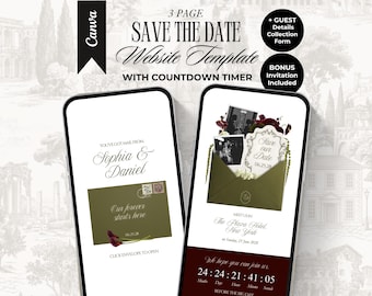 Olive Green and Burgundy Save The Date Website Template with Countdown Timer Editable Old Money Canva Site Digital Invitation Floral Wedding