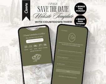 Op de afbeelding: Een digitale save the date website template voor Canva met een saliegroene achtergrond en witte tekst. De interface bevat een afteltimer, een knop om je adres te delen, een auto-illustratie en een formulier voor gastreacties.