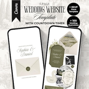 Puede incluir: Dos teléfonos inteligentes muestran una plantilla de sitio web de bodas de 5 páginas. Las pantallas presentan diseños de invitación con acentos verde oliva, sellos de cera, ilustraciones de cisnes y texto como Sophia & Daniel y The Details.