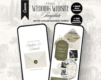 Ivory and Green Wedding Website Template with Countdown Timer Editable Old Money Canva Site Digital Invitation Floral Wedding