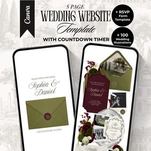 Olijfgroene en bordeauxrode trouwwebsite-template met RSVP en afteltimer. Elegante, bewerkbare Canva-site in 'Old Money'-stijl. Digitale uitnodiging.