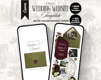 Szablon strony internetowej na wesele w kolorze oliwkowo-bordowym z RSVP i odliczaniem czasu. Eleganckie, edytowalne zaproszenie cyfrowe na stronę Canva z pieniędzmi.