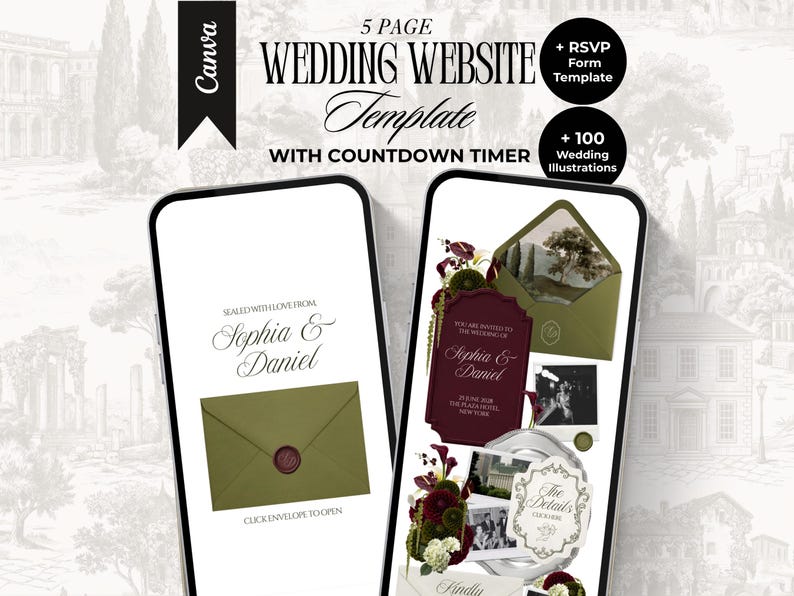 Olijfgroene en bordeauxrode trouwwebsite-template met RSVP en afteltimer. Elegante, bewerkbare Canva-site in 'Old Money'-stijl. Digitale uitnodiging. afbeelding 1
