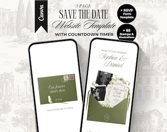 Modello di sito web Save The Date verde salvia e avorio con timer per il conto alla rovescia, modificabile, sito Canva Old Money, invito digitale per matrimonio floreale