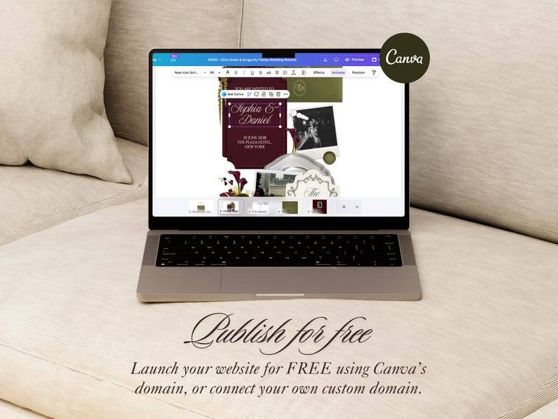 Op de afbeelding: Een laptop met een Canva-ontwerpomgeving voor een trouwwebsite. Het scherm toont een donkerbordeaux en olijfgroene lay-out met de tekst Sophia & Daniel, 28 June 2028, The Plaza Hotel, New York. Een Canva-logo is zichtbaar in de hoek.