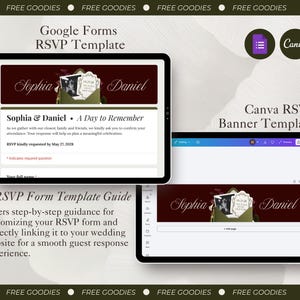 Op de afbeelding: Een digitale RSVP-sjabloonset voor Google Forms en Canva weergegeven op twee tabletschermen. Het ontwerp bevat een donkerrode banner met de namen Sophia en Daniel, een envelopafbeelding en tekst waaronder A Day to Remember en RSVP.
