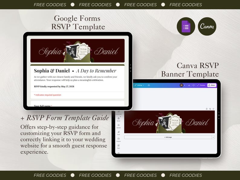 Op de afbeelding: Een digitale RSVP-sjabloonset voor Google Forms en Canva weergegeven op twee tabletschermen. Het ontwerp bevat een donkerrode banner met de namen Sophia en Daniel, een envelopafbeelding en tekst waaronder A Day to Remember en RSVP.