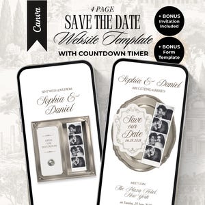 Puede incluir: Una plantilla de sitio web Save the Date de 4 páginas para Canva con temporizador de cuenta regresiva. Las pantallas móviles muestran invitaciones de boda con los nombres Sophia y Daniel, tiras de fotos y texto como The Plaza Hotel, New York.