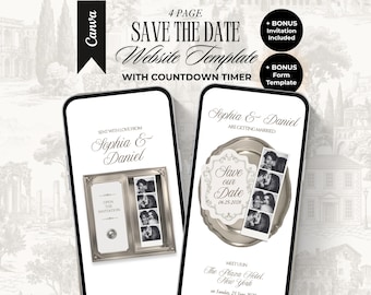 Ivory Photo Booth Save the Date Website Template with Countdown Timer Editable Canva Wedding Elegant Digital Invitation