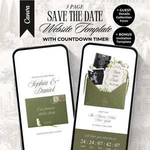 Modello di sito web Save The Date verde salvia e avorio con timer per il conto alla rovescia, modificabile, sito Canva Old Money, invito digitale per matrimonio floreale