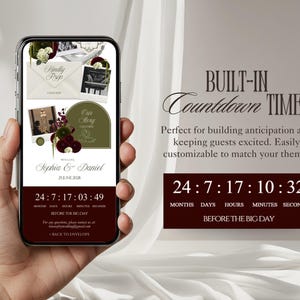Op de afbeelding: Een smartphonescherm met een digitale trouwuitnodiging inclusief een afteltimer. De interface toont de namen Sophia & Daniel, de datum 25 juni 2028, bloemmotieven en een donkerrode voettekst met 24 maanden, 7 dagen, 17 uur, 03 minuten, 49 seconden.