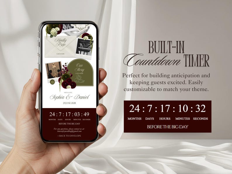 Op de afbeelding: Een smartphonescherm met een digitale trouwuitnodiging inclusief een afteltimer. De interface toont de namen Sophia & Daniel, de datum 25 juni 2028, bloemmotieven en een donkerrode voettekst met 24 maanden, 7 dagen, 17 uur, 03 minuten, 49 seconden.