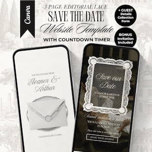 May include: Two smartphones displaying a 3-page editorial lace Save the Date website template. The screens show elegant typography, a white envelope graphic, and a lace-bordered Save our Date invitation with event details for Eleanor and Arthur.