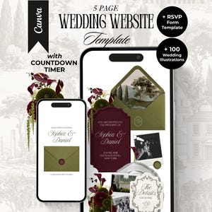 Olive Green and Burgundy Wedding Website Template with RSVP and Countdown Timer Elegant Editable Old Money Canva Site Digital Invitation